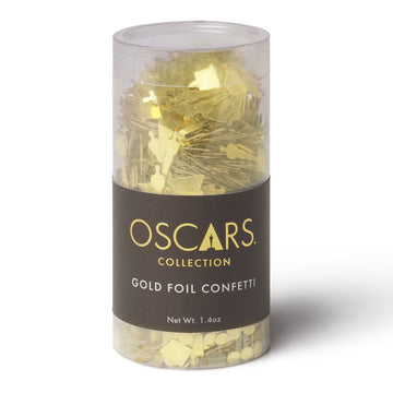 Gold foil Oscars logo Academy Awards Viewing Party Kit confetti in a clear cylindrical container with a brown label on a white background
